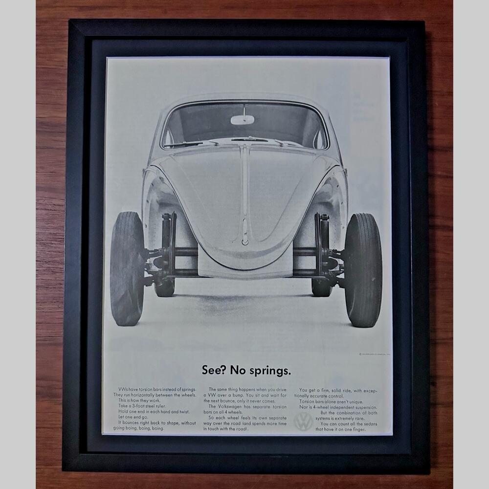 Framed 1963 Volkswagen Print Ad Vintage Car Torsion Bars No Springs